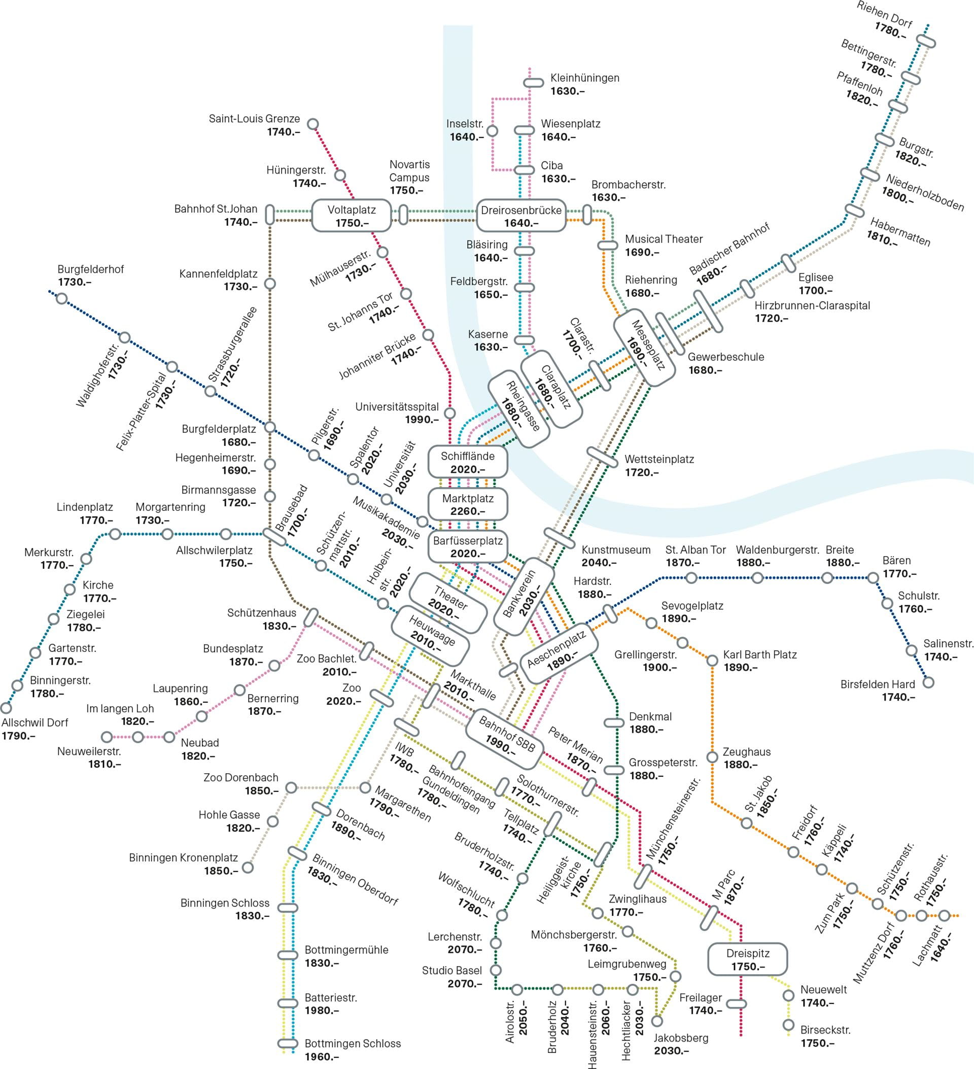 Tramliniennetz Basel mit durchschnittlichen Mietpreise