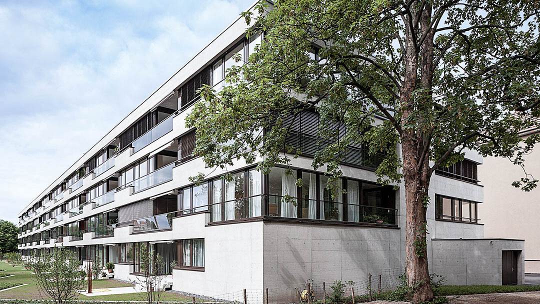 Modernes Gebaeude in Basel mit Baum