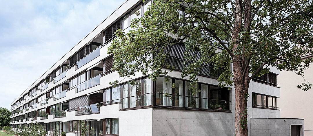 Modernes Gebaeude in Basel mit Baum